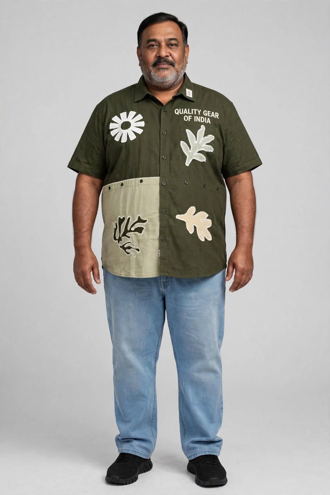 Olive & Khaki Colorblock Utility Safari Shirt with Comfort Denim