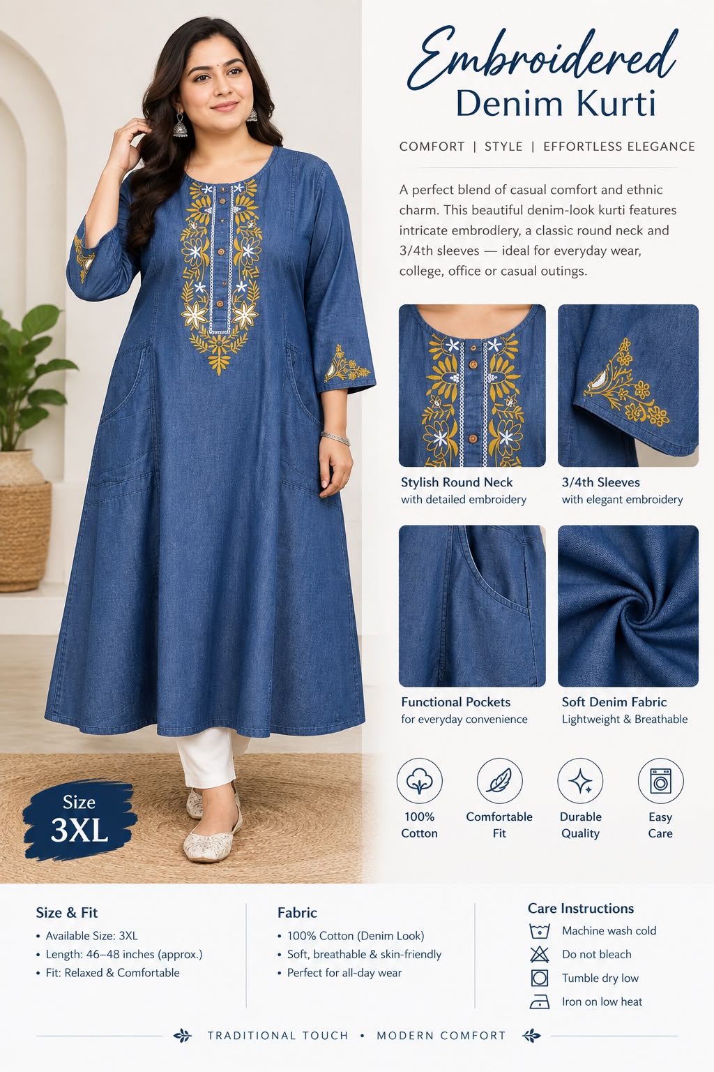 Embroidered Denim Kurti with Pockets (Size 3XL)