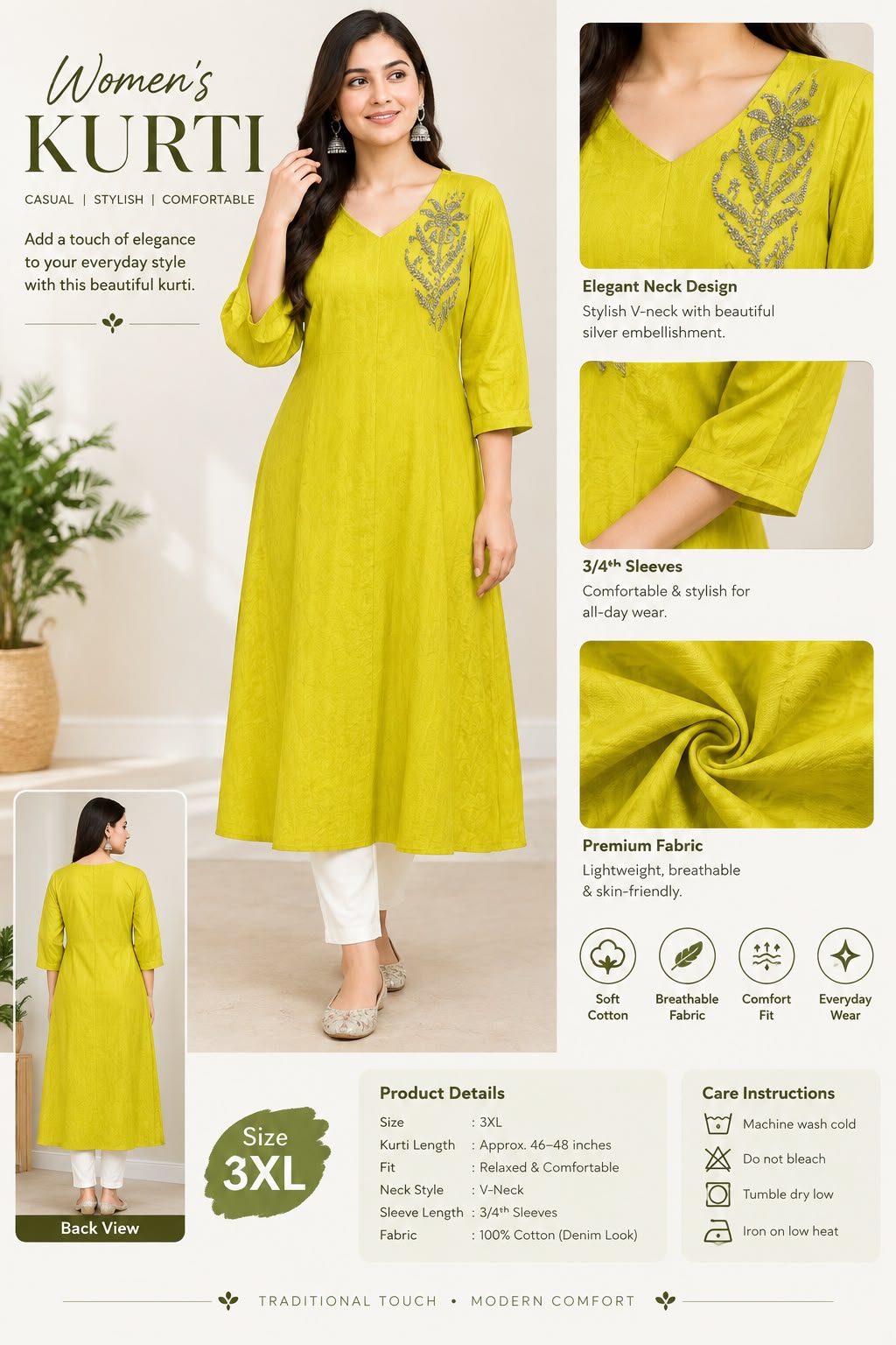 Lime Chartreuse Embroidered V-Neck Kurti (Size 3XL)