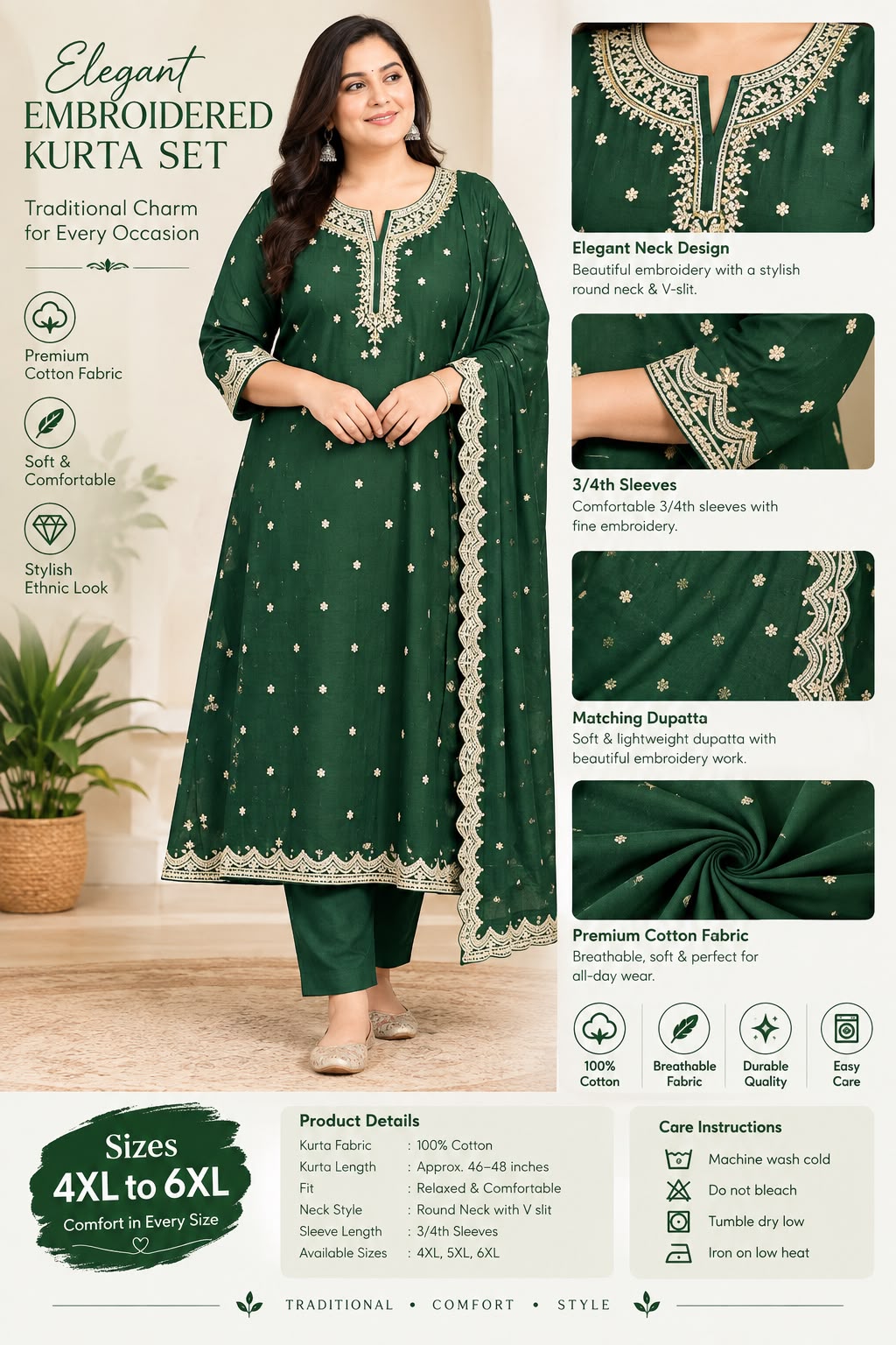 Emerald Green Embroidered Kurta Set with Dupatta & Pants (Sizes 4XL–6XL)