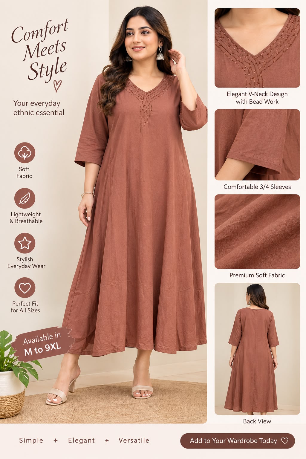 Terracotta Rose Flared Maxi Kurti (Sizes M–9XL)