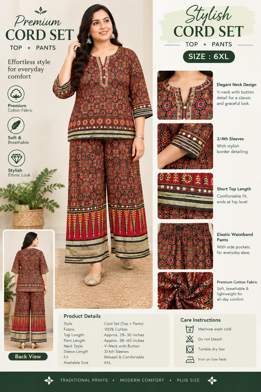 Premium Kalamkari Ethnic Print Co-ord Set (Size 6XL)