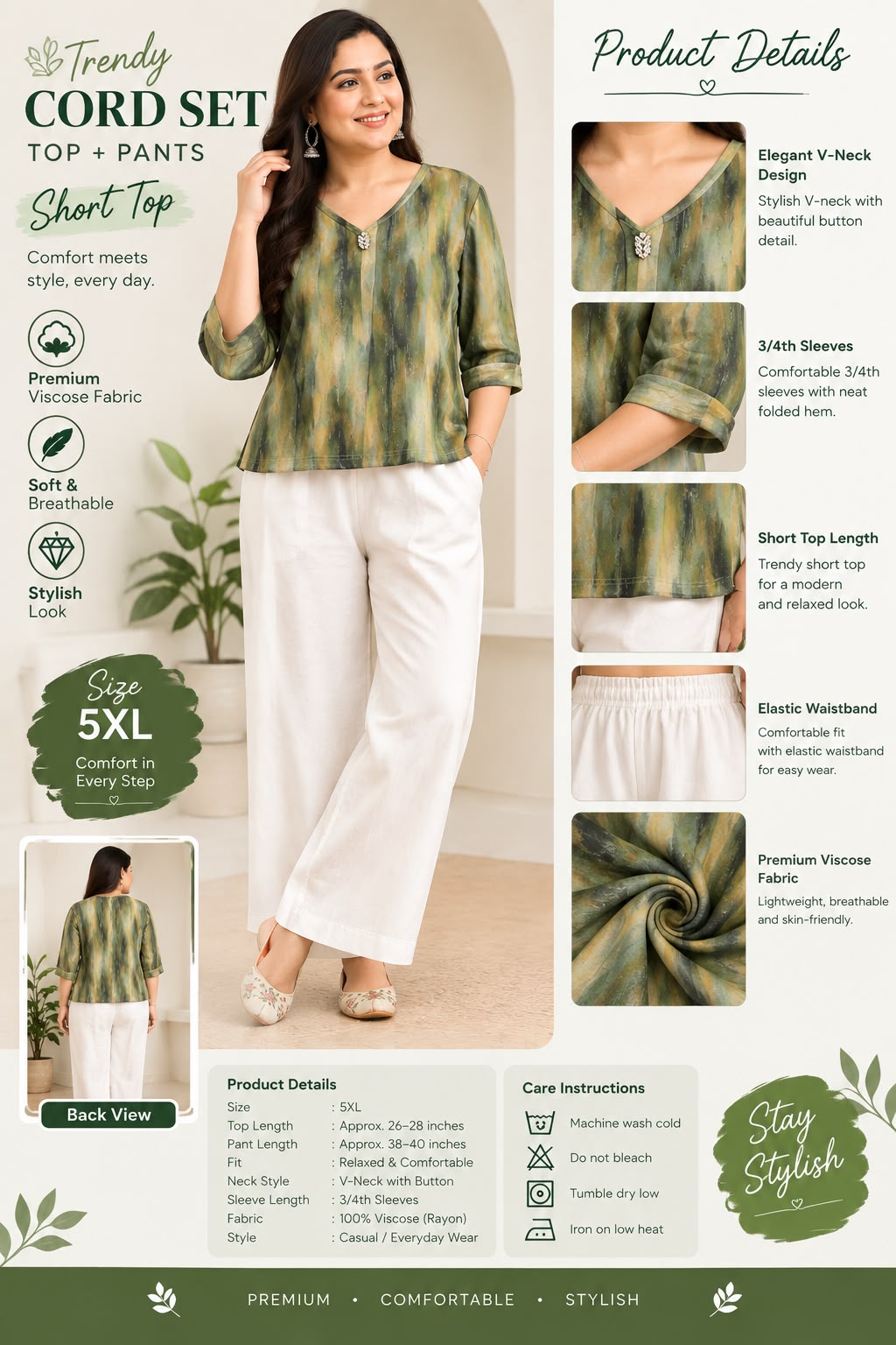 Trendy Olive & White Viscose Co-ord Set (Size 5XL)